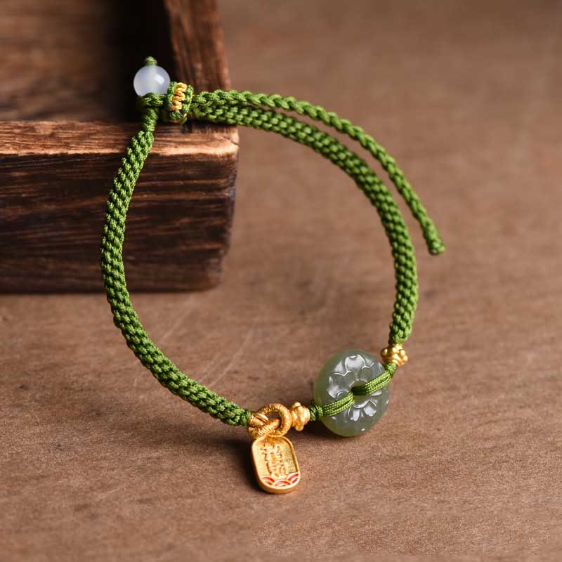 Wear FengShui Green Jade Peace Buckle Green Rope Bracelet