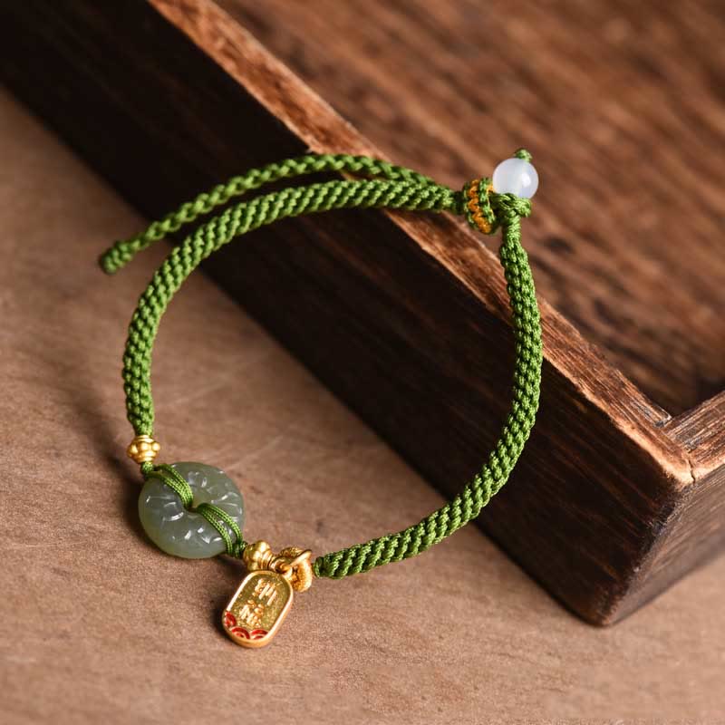 Wear FengShui Green Jade Peace Buckle Green Rope Bracelet