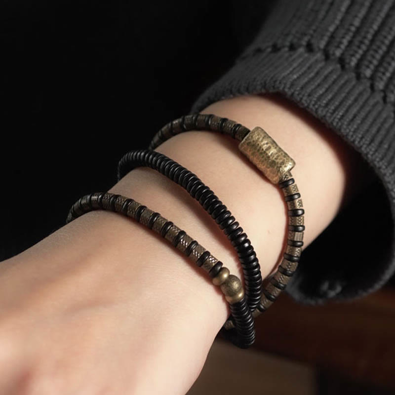 Wear FengShui Healing Tibetan Ebony Wood Beads Copper Multilayered Bracelet
