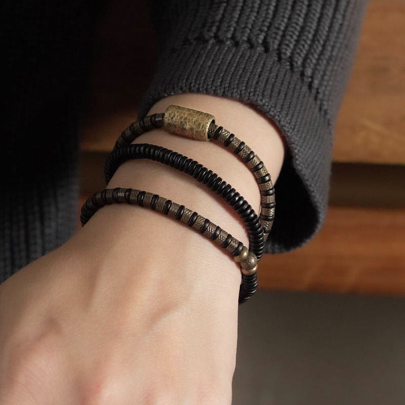 Wear FengShui Healing Tibetan Ebony Wood Beads Copper Multilayered Bracelet