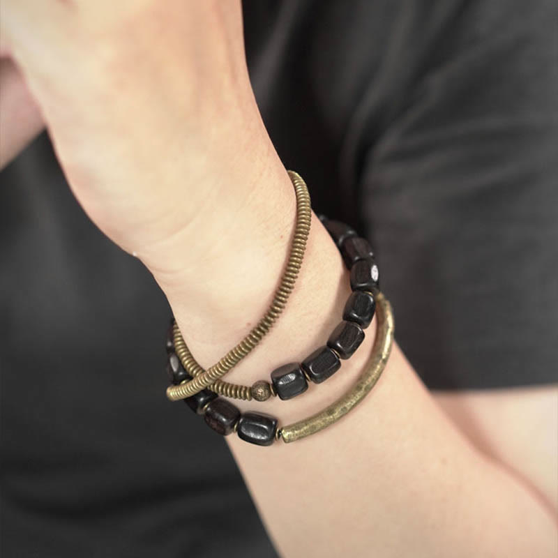 Wear FengShui Vintage Peace Tibetan Ebony Wood Beads Copper Multilayered Healing Bracelet