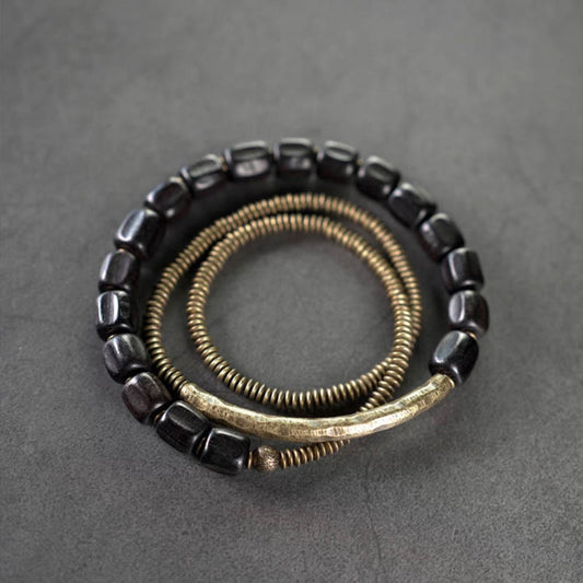 Wear FengShui Vintage Peace Tibetan Ebony Wood Beads Copper Multilayered Healing Bracelet