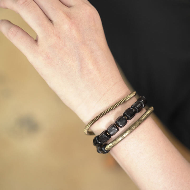 Wear FengShui Vintage Peace Tibetan Ebony Wood Beads Copper Multilayered Healing Bracelet