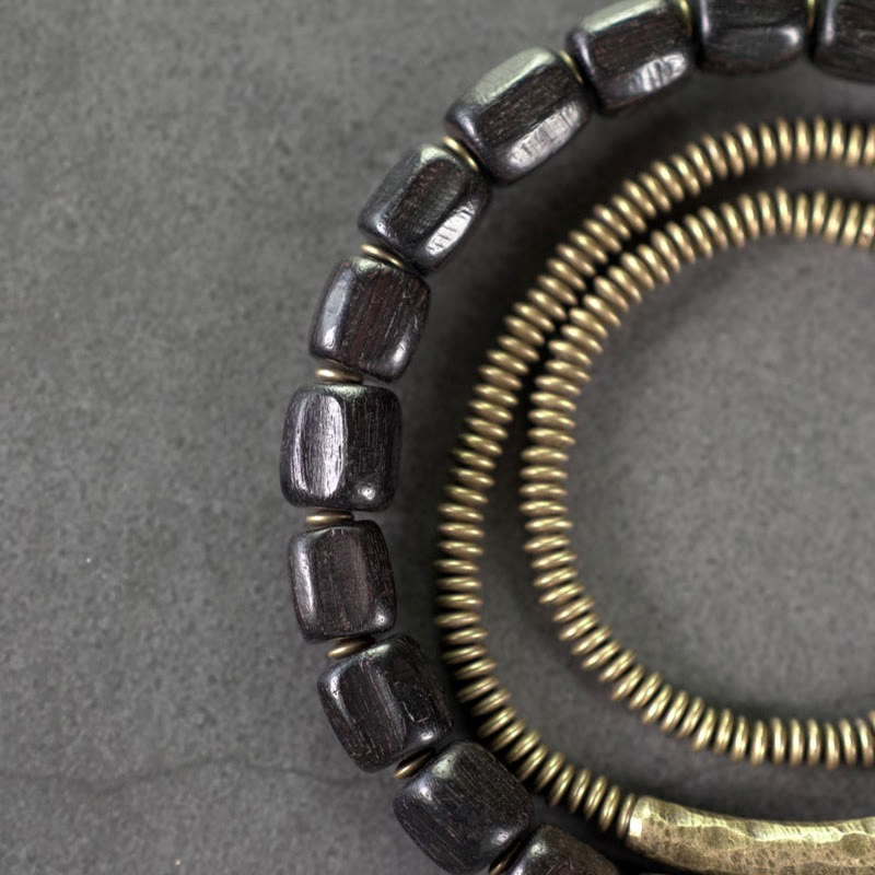 Wear FengShui Vintage Peace Tibetan Ebony Wood Beads Copper Multilayered Healing Bracelet
