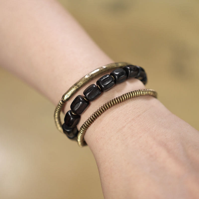 Wear FengShui Vintage Peace Tibetan Ebony Wood Beads Copper Multilayered Healing Bracelet