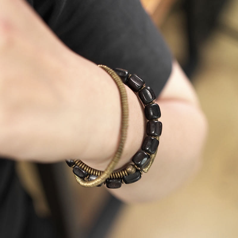 Wear FengShui Vintage Peace Tibetan Ebony Wood Beads Copper Multilayered Healing Bracelet