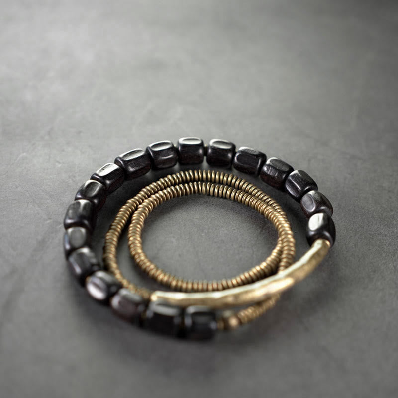 Wear FengShui Vintage Peace Tibetan Ebony Wood Beads Copper Multilayered Healing Bracelet