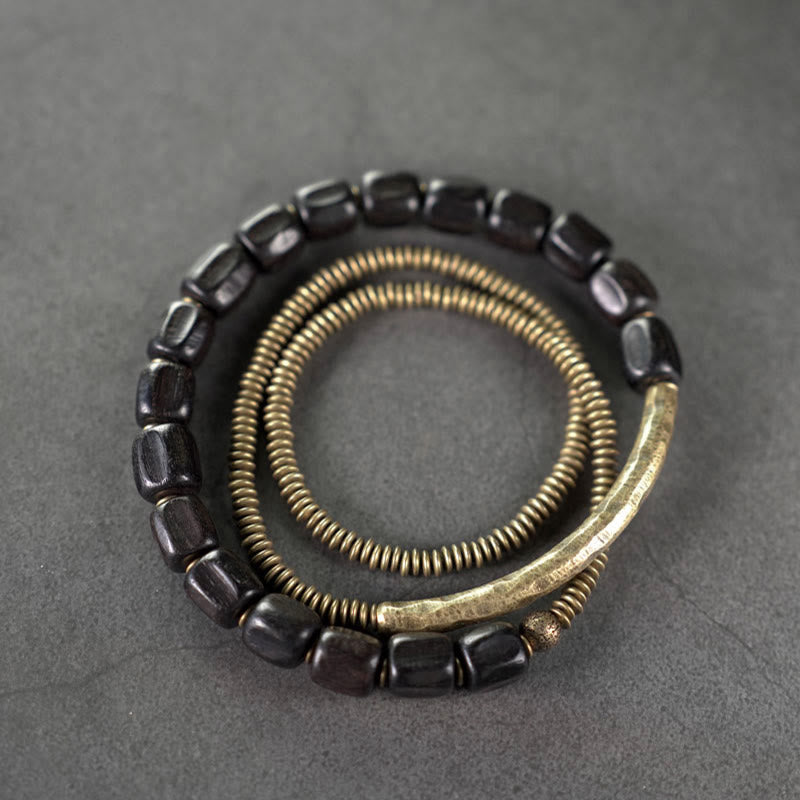 Wear FengShui Vintage Peace Tibetan Ebony Wood Beads Copper Multilayered Healing Bracelet