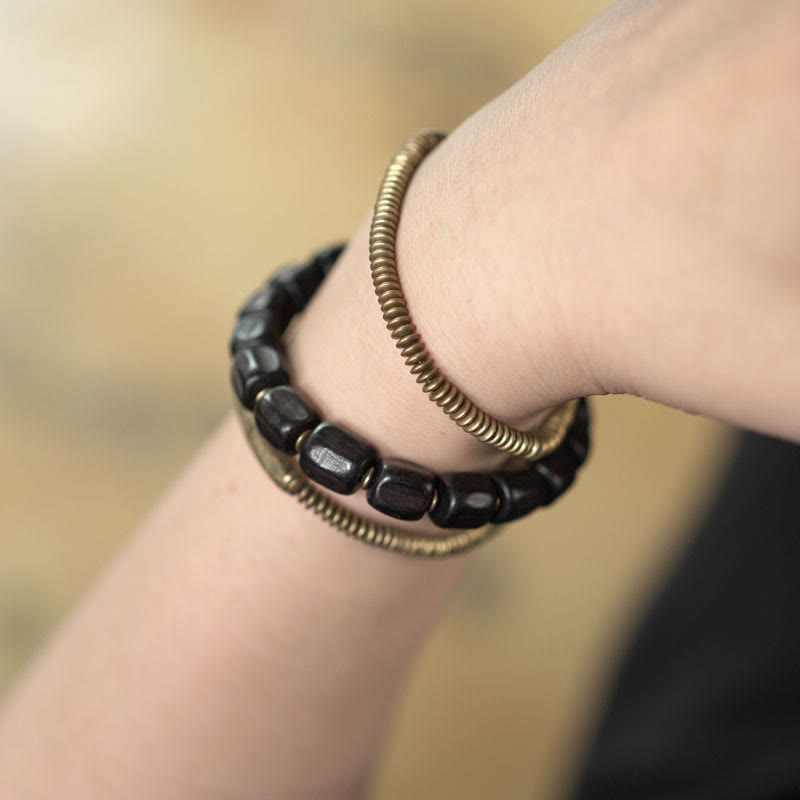 Wear FengShui Vintage Peace Tibetan Ebony Wood Beads Copper Multilayered Healing Bracelet