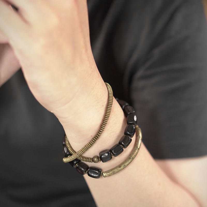 Wear FengShui Vintage Peace Tibetan Ebony Wood Beads Copper Multilayered Healing Bracelet