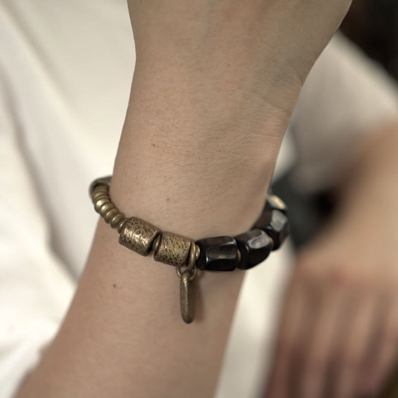 Wear FengShui Vintage Peace Ebony Wood Copper Beads Bracelet