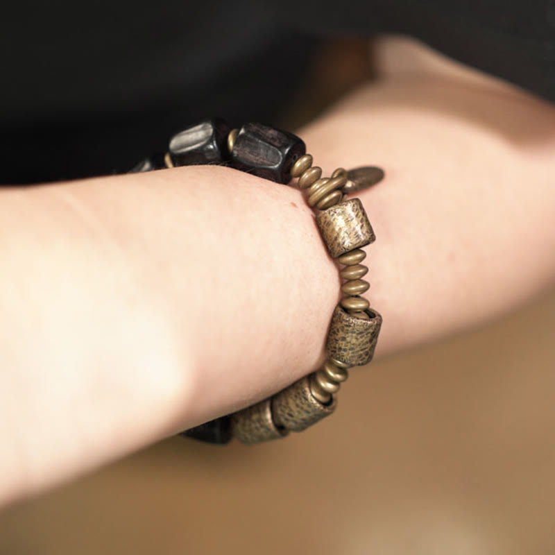 Wear FengShui Vintage Peace Ebony Wood Copper Beads Bracelet