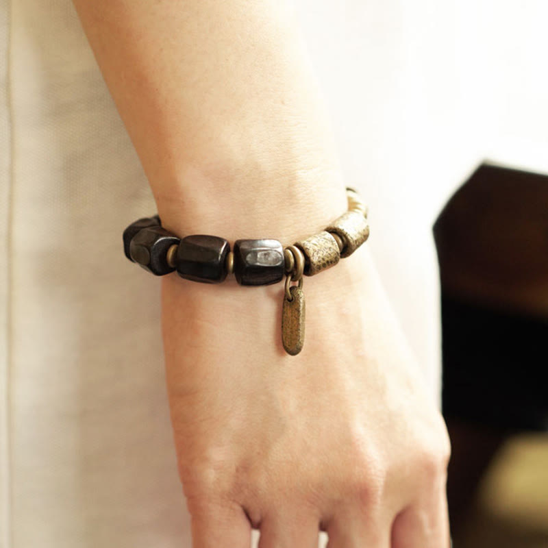 Wear FengShui Vintage Peace Ebony Wood Copper Beads Bracelet