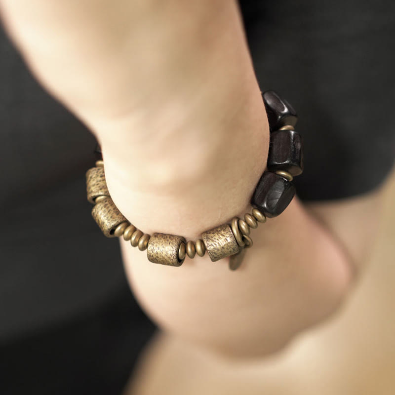 Wear FengShui Vintage Peace Ebony Wood Copper Beads Bracelet