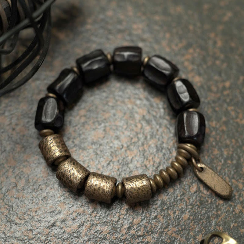 Wear FengShui Vintage Peace Ebony Wood Copper Beads Bracelet