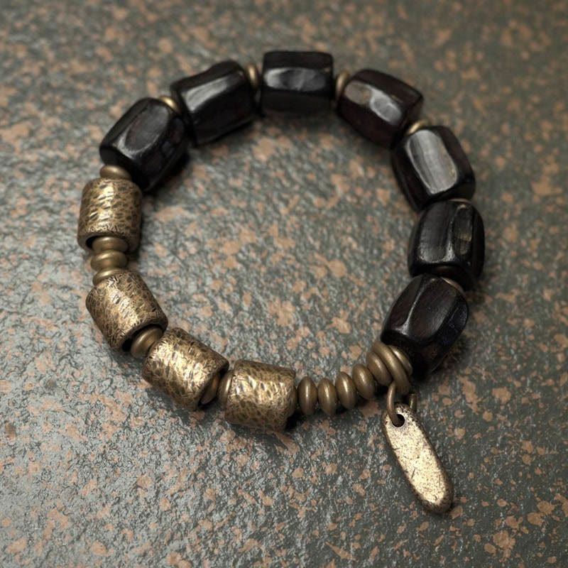 Wear FengShui Vintage Peace Ebony Wood Copper Beads Bracelet