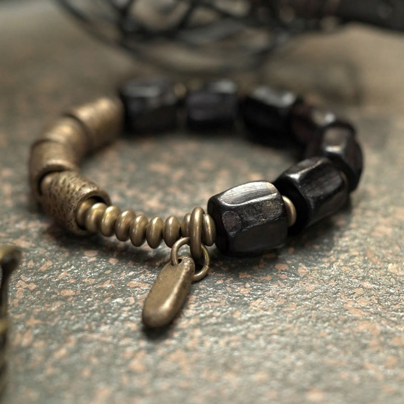 Wear FengShui Vintage Peace Ebony Wood Copper Beads Bracelet