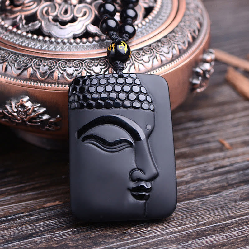 Wear FengShui Natural Black Obsidian Buddha Prayer Purification Luck Pendant Necklace