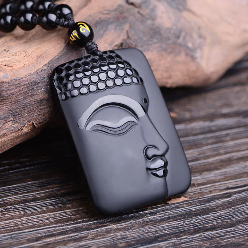 Wear FengShui Natural Black Obsidian Buddha Prayer Purification Luck Pendant Necklace