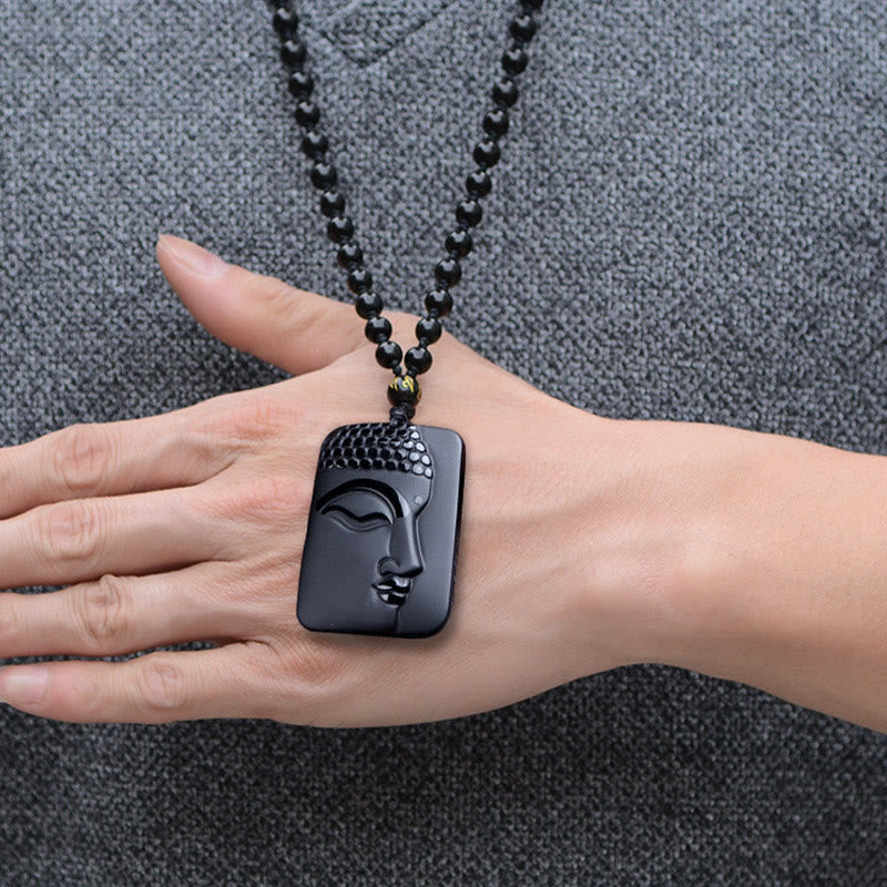 Wear FengShui Natural Black Obsidian Buddha Prayer Purification Luck Pendant Necklace