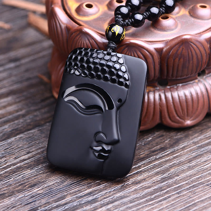 Wear FengShui Natural Black Obsidian Buddha Prayer Purification Luck Pendant Necklace