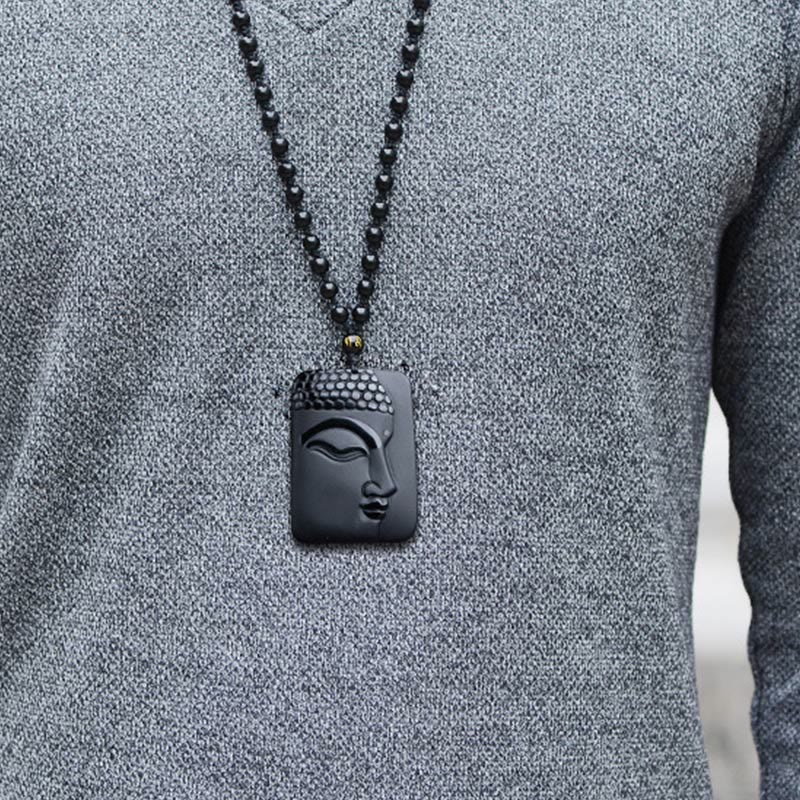 Wear FengShui Natural Black Obsidian Buddha Prayer Purification Luck Pendant Necklace