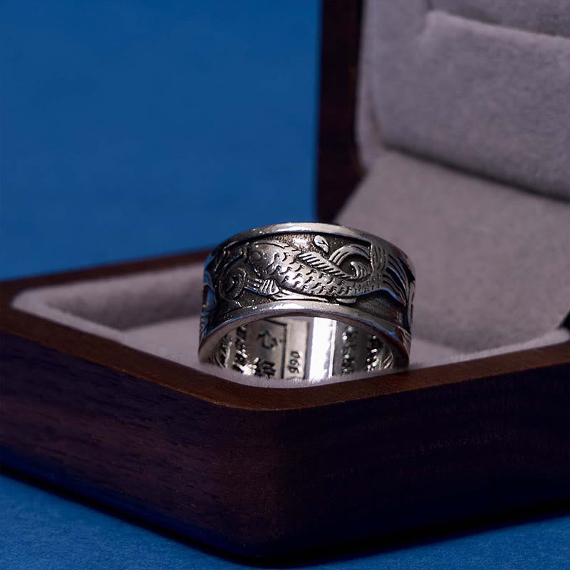 Wear FengShui Koi Fish Heart Sutra Carved Design Luck Wealth Ring