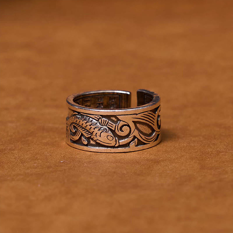 Wear FengShui Koi Fish Heart Sutra Carved Design Luck Wealth Ring