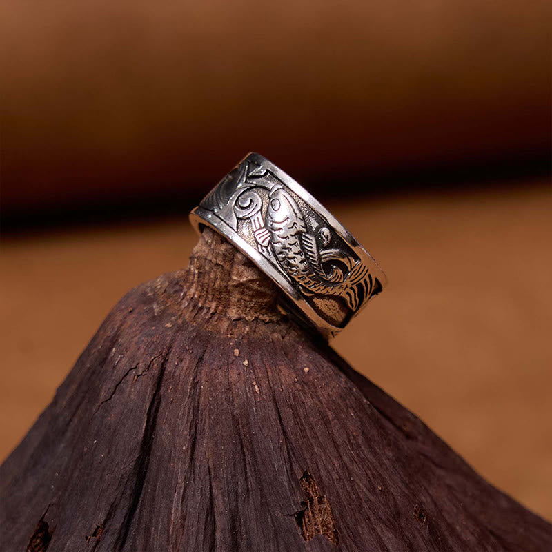Wear FengShui Koi Fish Heart Sutra Carved Design Luck Wealth Ring