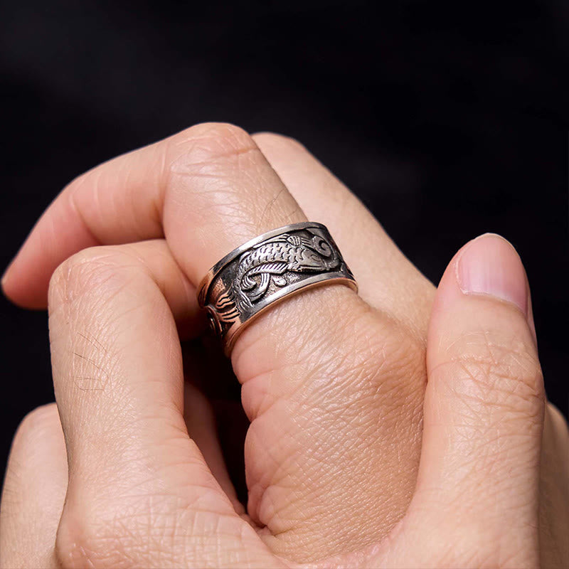 Wear FengShui Koi Fish Heart Sutra Carved Design Luck Wealth Ring