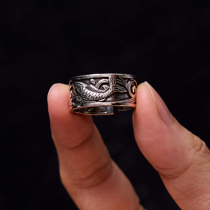 Wear FengShui Koi Fish Heart Sutra Carved Design Luck Wealth Ring