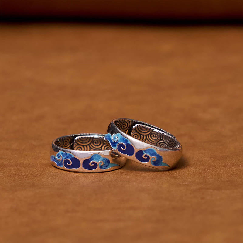 Wear FengShui Blue Auspicious Clouds Pattern Wealth Copper Adjustable Ring