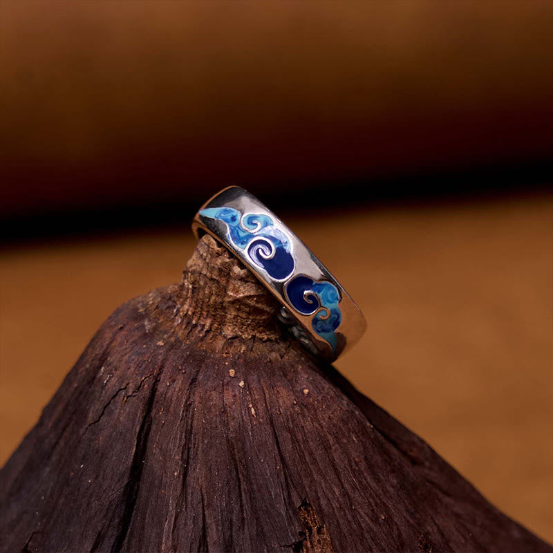 Wear FengShui Blue Auspicious Clouds Pattern Wealth Copper Adjustable Ring