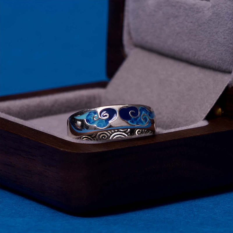 Wear FengShui Blue Auspicious Clouds Pattern Wealth Copper Adjustable Ring