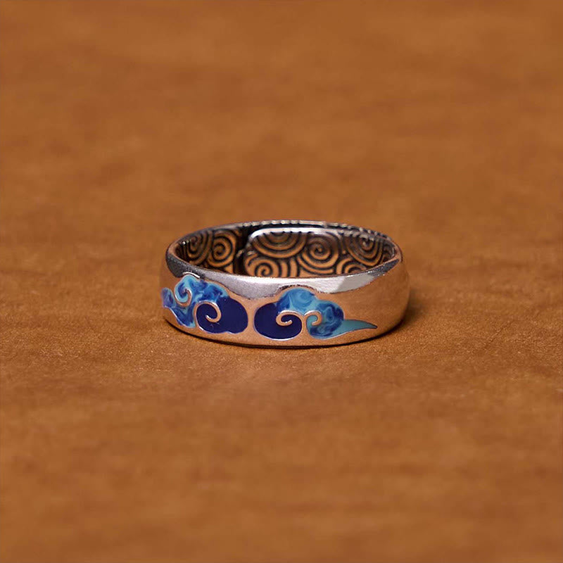 Wear FengShui Blue Auspicious Clouds Pattern Wealth Copper Adjustable Ring