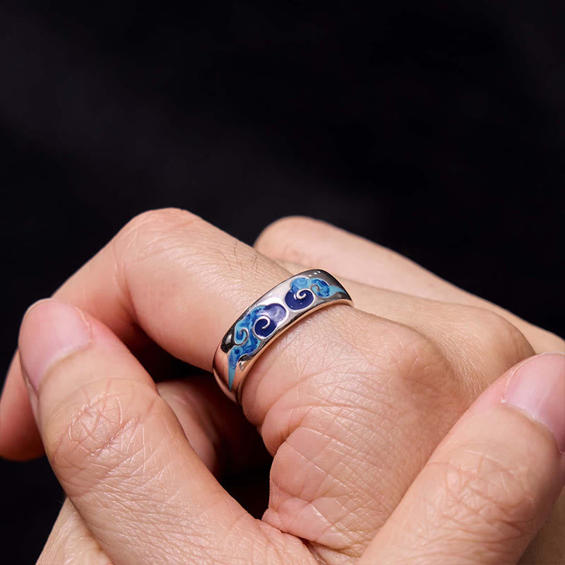Wear FengShui Blue Auspicious Clouds Pattern Wealth Copper Adjustable Ring