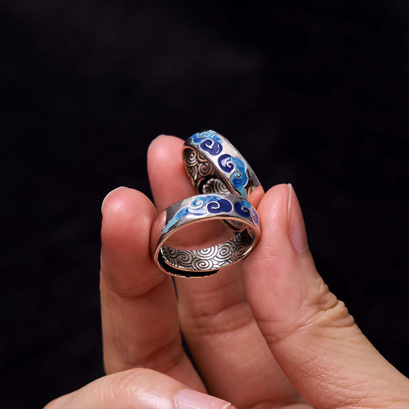 Wear FengShui Blue Auspicious Clouds Pattern Wealth Copper Adjustable Ring