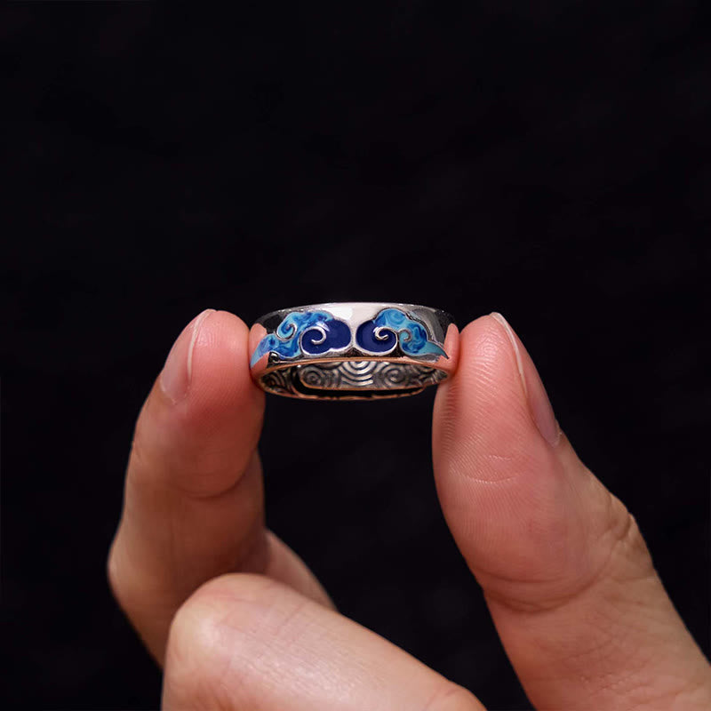 Wear FengShui Blue Auspicious Clouds Pattern Wealth Copper Adjustable Ring