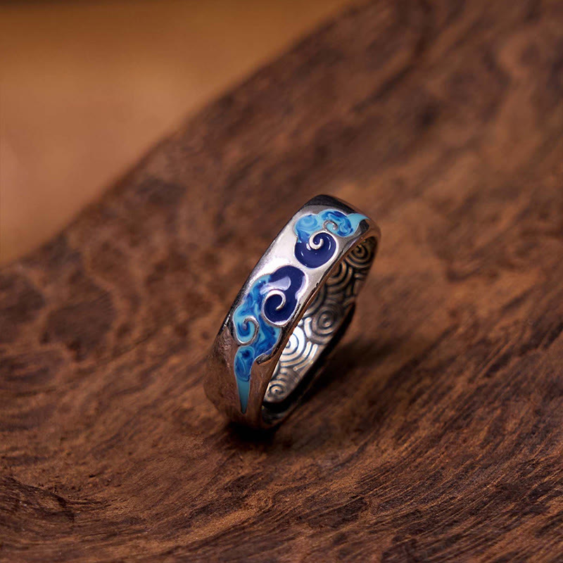 Wear FengShui Blue Auspicious Clouds Pattern Wealth Copper Adjustable Ring