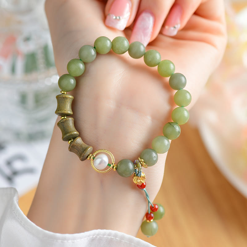 Wear FengShui Jade Sandalwood Bamboo Pearl Prosperity Bracelet