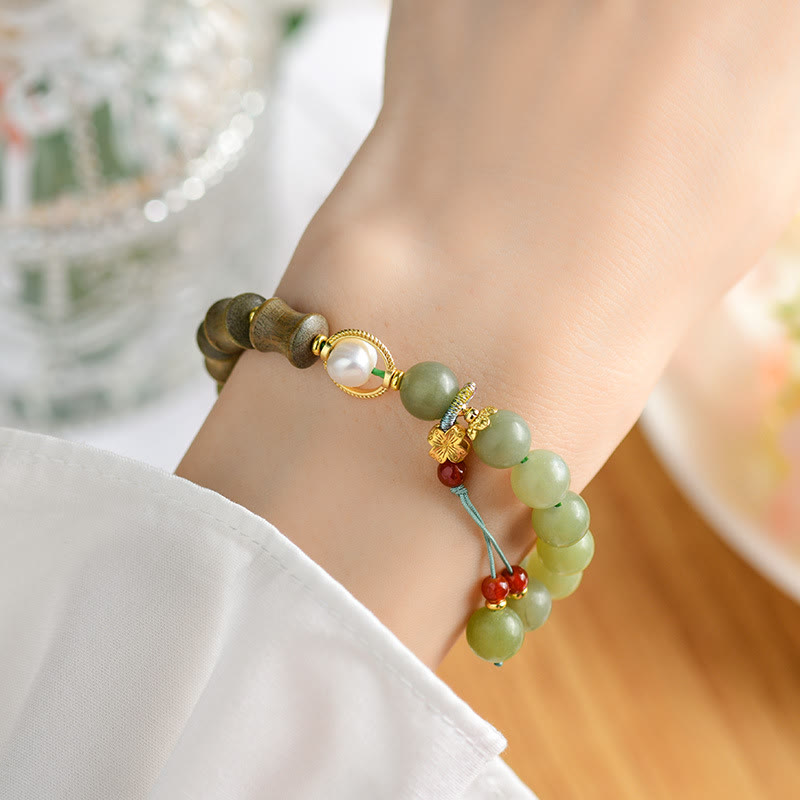 Wear FengShui Jade Sandalwood Bamboo Pearl Prosperity Bracelet