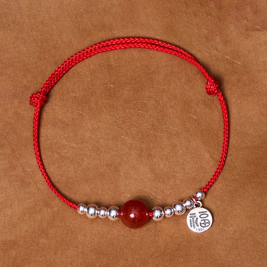 Wear FengShui Handmade 925 Sterling Silver Fu Character Red Agate Fortune Braided Ultra-Thin Rope Bracelet