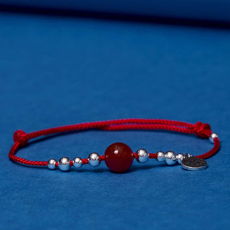 Wear FengShui Handmade 925 Sterling Silver Fu Character Red Agate Fortune Braided Ultra-Thin Rope Bracelet