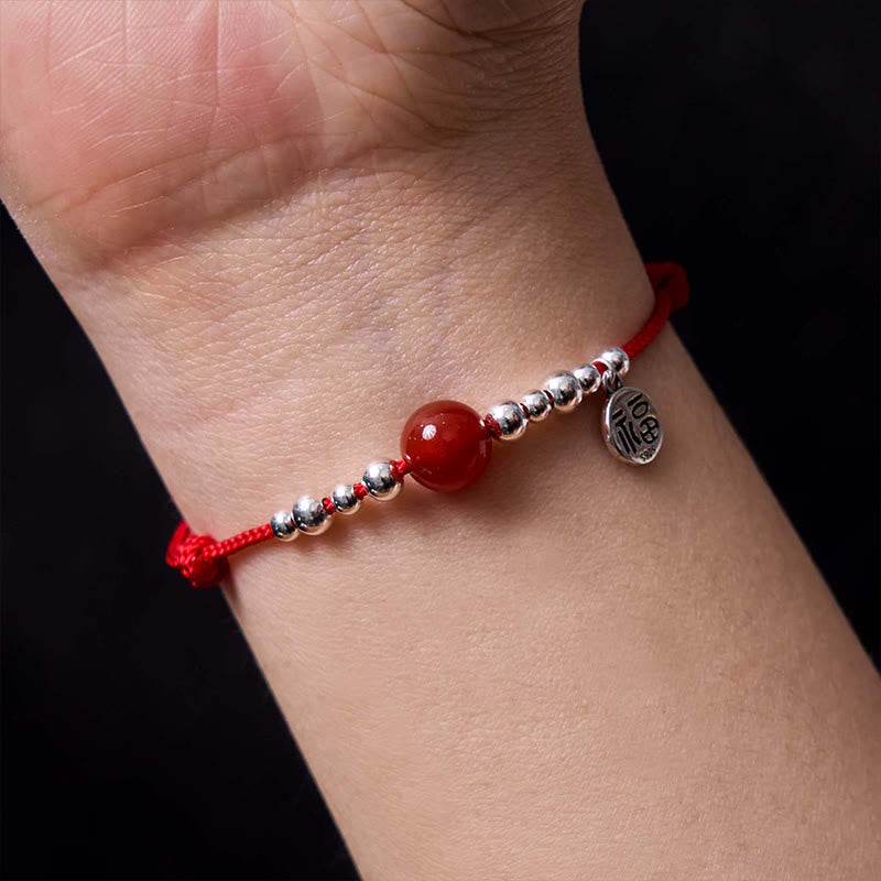 Wear FengShui Handmade 925 Sterling Silver Fu Character Red Agate Fortune Braided Ultra-Thin Rope Bracelet