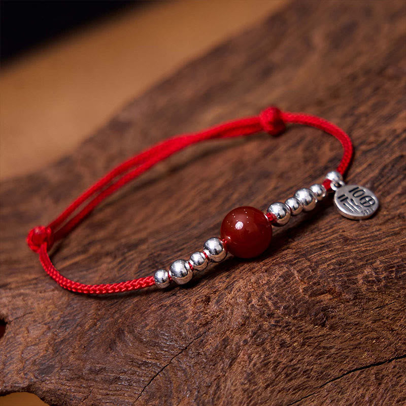 Wear FengShui Handmade 925 Sterling Silver Fu Character Red Agate Fortune Braided Ultra-Thin Rope Bracelet