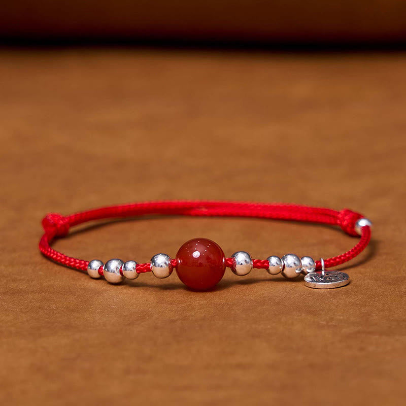 Wear FengShui Handmade 925 Sterling Silver Fu Character Red Agate Fortune Braided Ultra-Thin Rope Bracelet