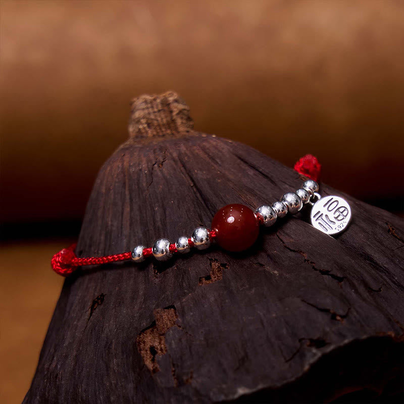 Wear FengShui Handmade 925 Sterling Silver Fu Character Red Agate Fortune Braided Ultra-Thin Rope Bracelet