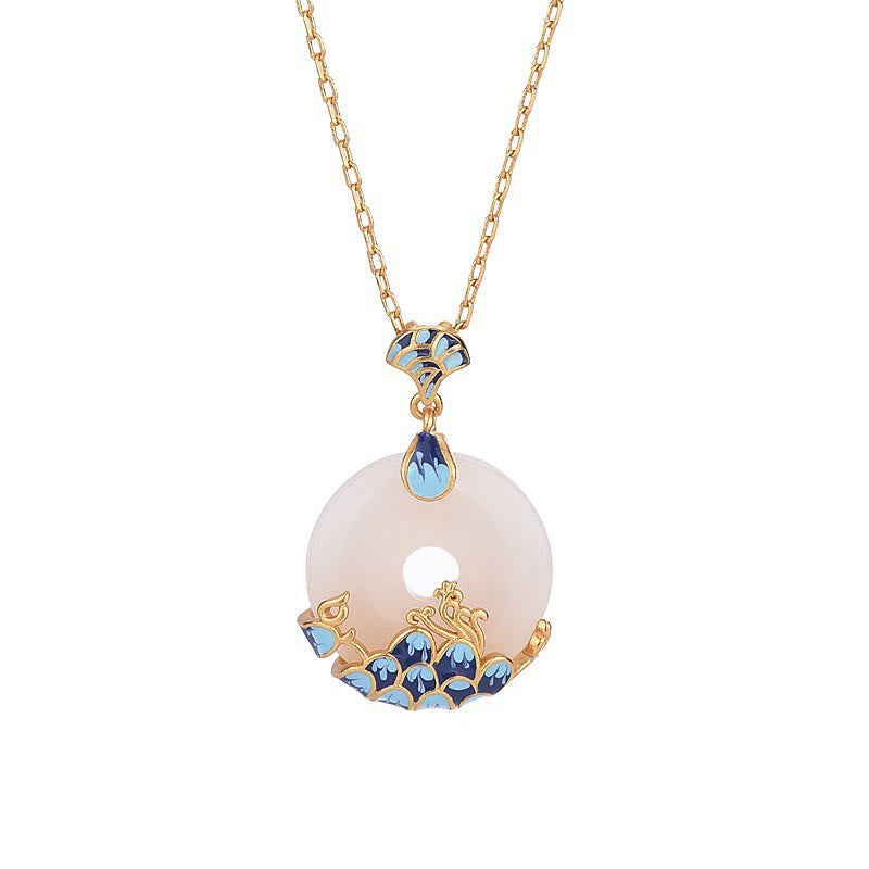 Wear FengShui White Jade Peace Buckle Mountains And Sea Luck Necklace Pendant