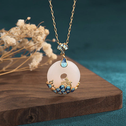Wear FengShui White Jade Peace Buckle Mountains And Sea Luck Necklace Pendant