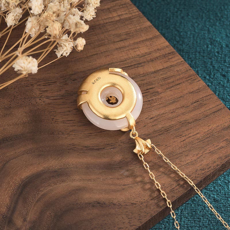Wear FengShui White Jade Peace Buckle Mountains And Sea Luck Necklace Pendant